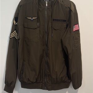 Champs Olive Military-Inspired Bomber Jacket with Patch Details and Hoodie